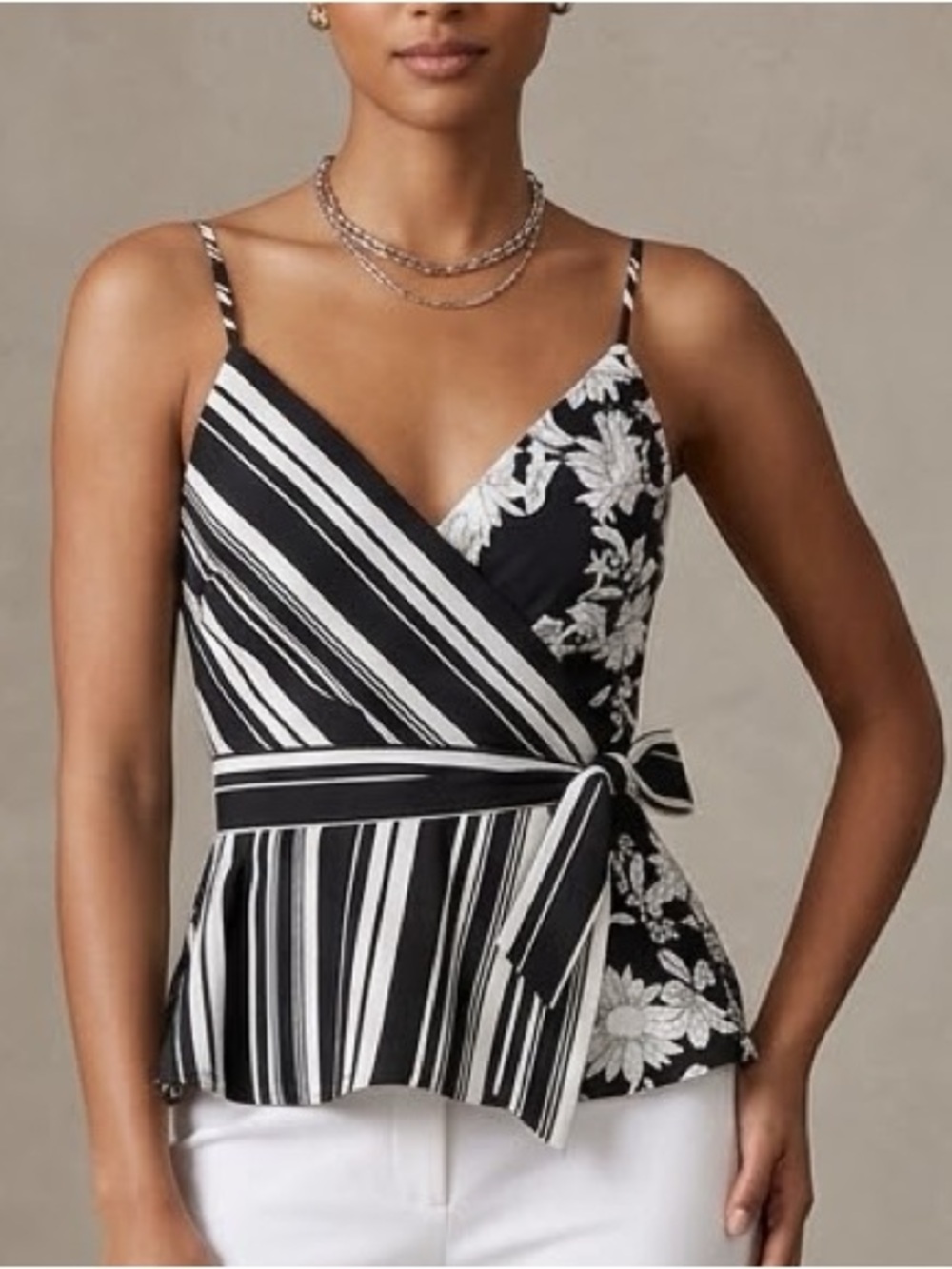 White/Black Striped Floral Belted Wrap Peplum Cami/White House Black Market: 8